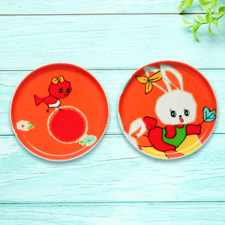 豆皿コースター(2枚セット) φ10cm【子供着物】おちゃめなウサギと小鳥