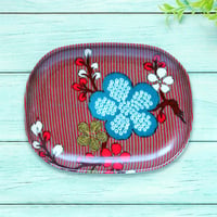 オーバル小皿 16×12cm【小紋】縞地に枝梅（青）