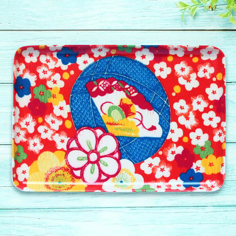 トレー(M)お盆 23×16cm【長襦袢】扇と花まり
