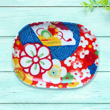 オーバル小皿 16×12cm【長襦袢】扇と花まり