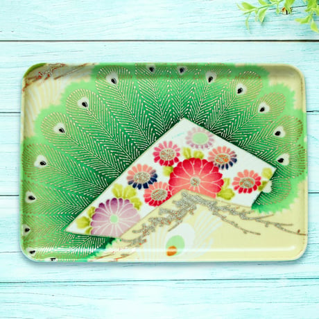 トレー(M)お盆 23×16cm【振袖】孔雀の扇