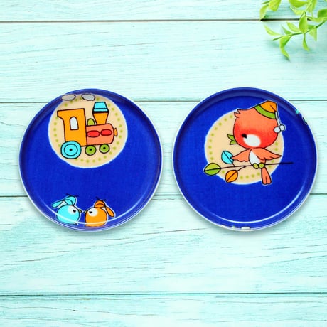 豆皿コースター(2枚セット) φ10cm【子供着物】小鳥さんと汽車ポッポ