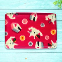 トレー(L) 折敷 30×21cm 【伊勢崎銘仙】ワンちゃんポップ・レッド