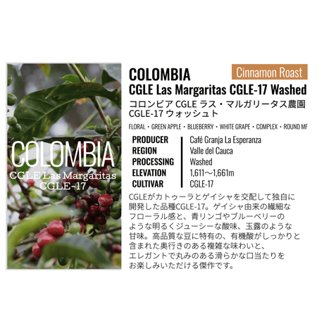 コロンビア・CGLE・ラスマルガリータス農園・CGLE-17・ウォッシュト 100g（豆もしくは粉）