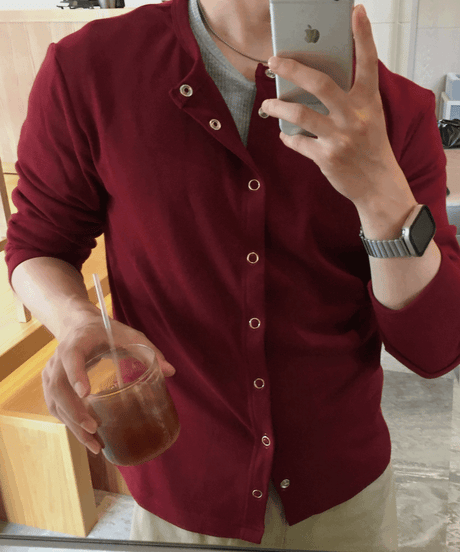 snap button open collar rib knit cardigan