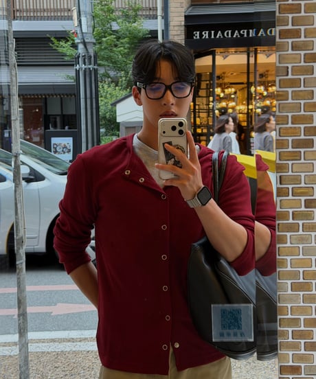 snap button open collar rib knit cardigan