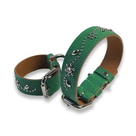Dog & Owner Matching 25mm Studs Flowers and Leaves Design Goatskin Colla & Braceletr