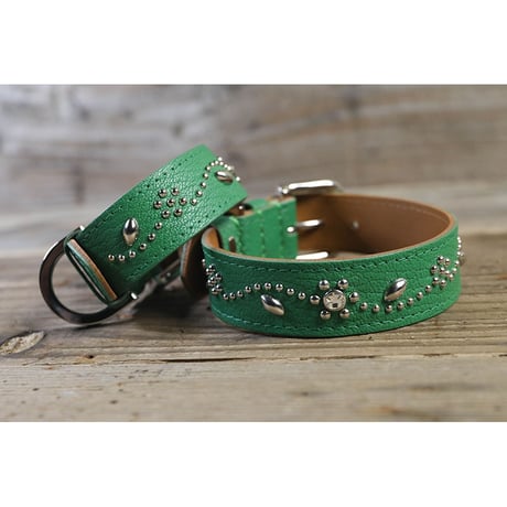 Dog & Owner Matching 25mm Studs Flowers and Leaves Design Goatskin Colla & Braceletr