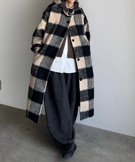 〈atelier〉block check hoodie coat