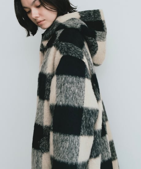 〈atelier〉block check hoodie coat