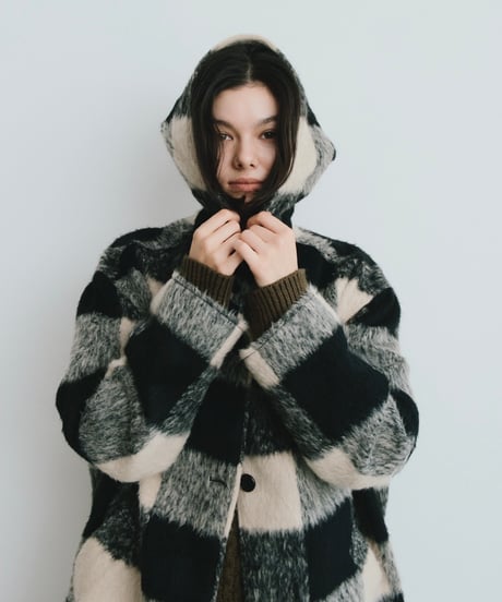 〈atelier〉block check hoodie coat