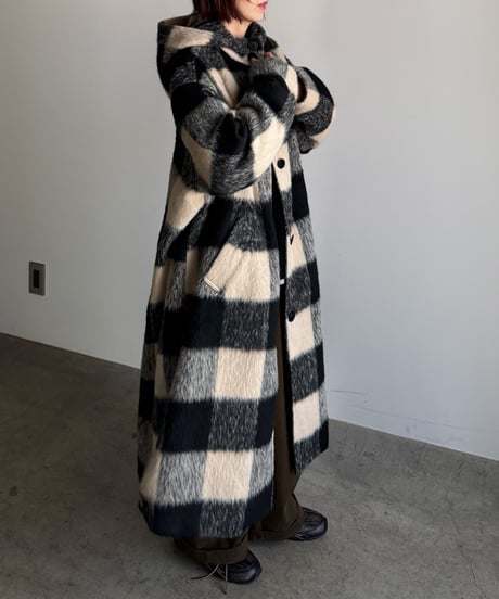 〈atelier〉block check hoodie coat