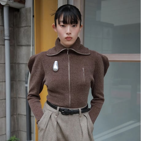 Full Zip Puff Sleeve Knit Top (BROWN)