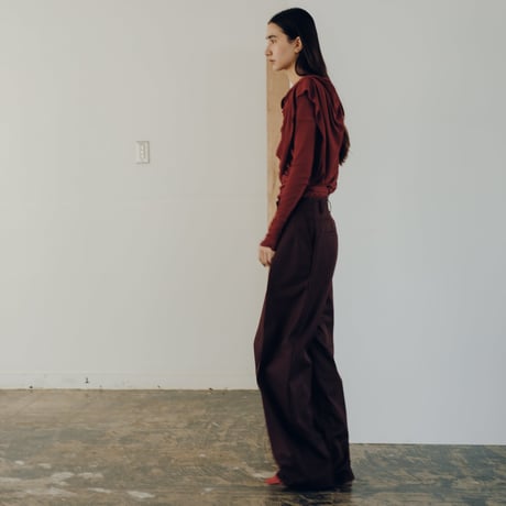 Wool Mix Hip Huggers Tucked Wide Slacks (Bordeaux)