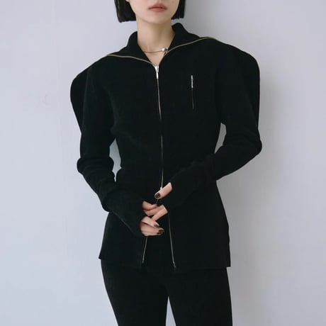 Full Zip Puff Sleeve Knit Top (BLACK)