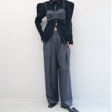 Wool Mix Hip Huggers Tucked Wide Slacks (Charcoal)