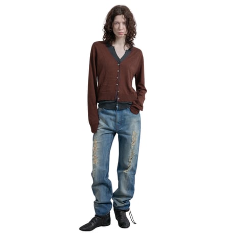 Eyelet Layered Knit Long Sleeve Top (BROWN)