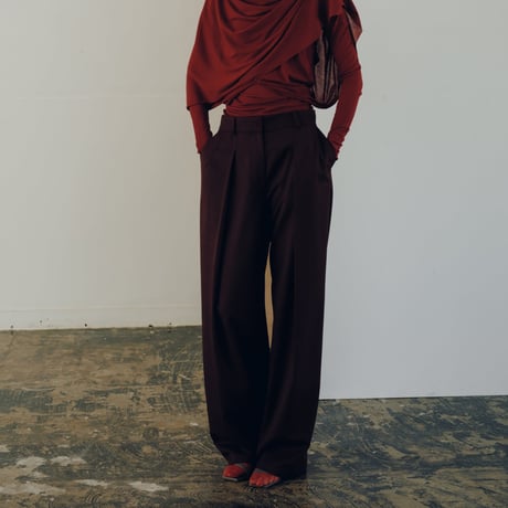 Wool Mix Hip Huggers Tucked Wide Slacks (Bordeaux)