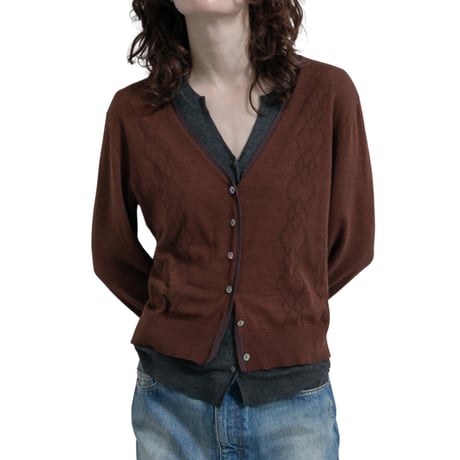 Eyelet Layered Knit Long Sleeve Top (BROWN)