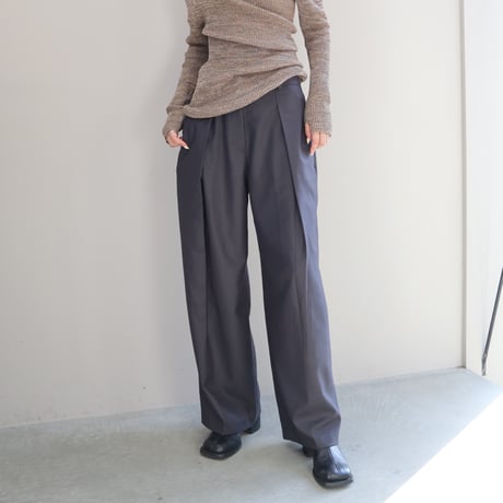 Wool Mix Hip Huggers Tucked Wide Slacks (Charcoal)