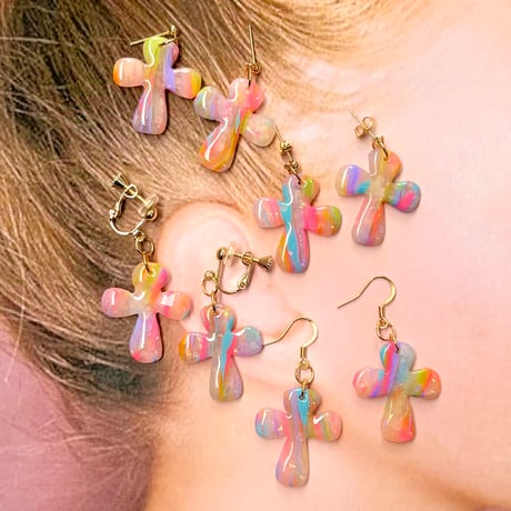 RAINBOW MARBLE×CROSS DANGLE ピアス/イヤリング