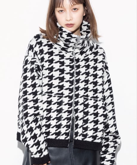 MARGAUX VINTAGE 千鳥柄ニットジップカーディガン