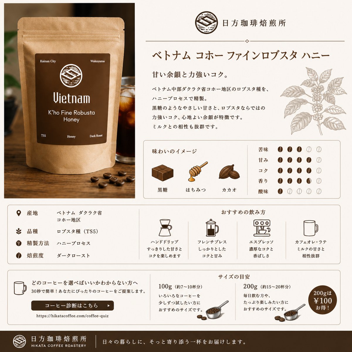 コーヒー豆｜ベトナム コホー ファインロブスタ ハニー｜中深煎り