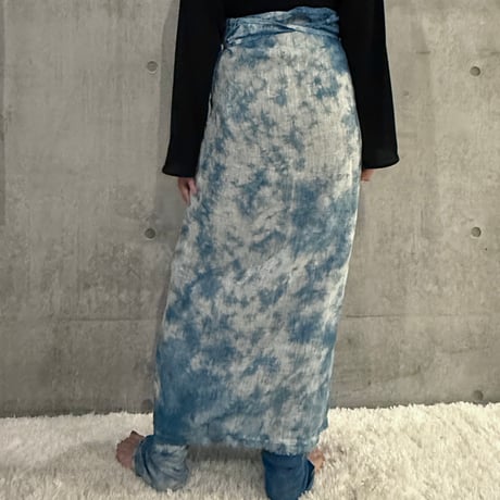 NO.98  LINEN GAUZE WRAP SKIRT  藍   -花影-淡い