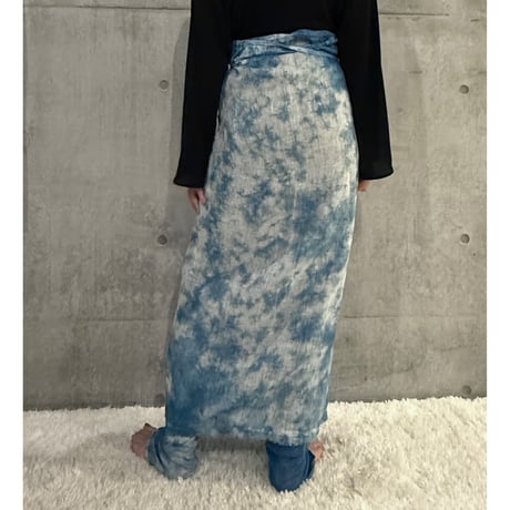 NO.98  LINEN GAUZE WRAP SKIRT  藍   -花影-淡い