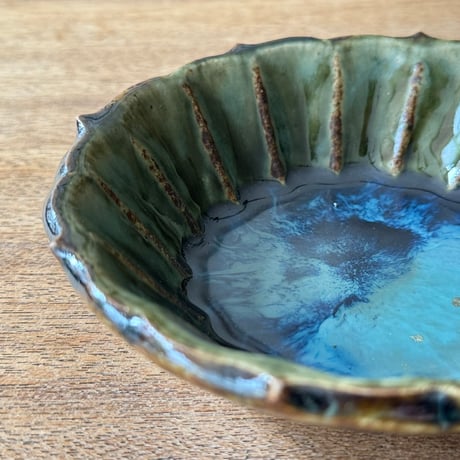 村澤陶苑 村澤享　青銅釉稜花しのぎ小鉢 ム11A (直径約13.5cm)