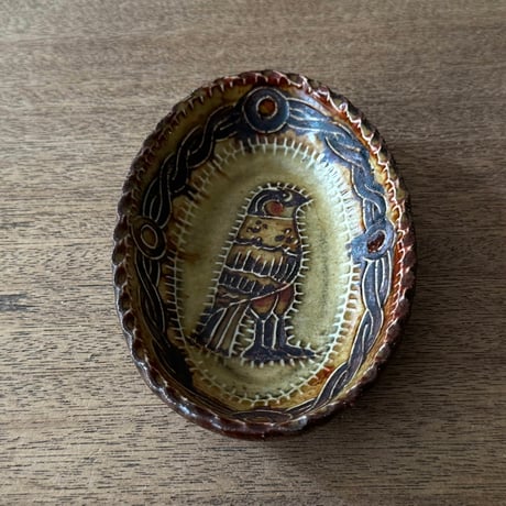 紀窯　中川紀夫　オーバル鉢 鳥押紋 K10B (約13.5×9cm)