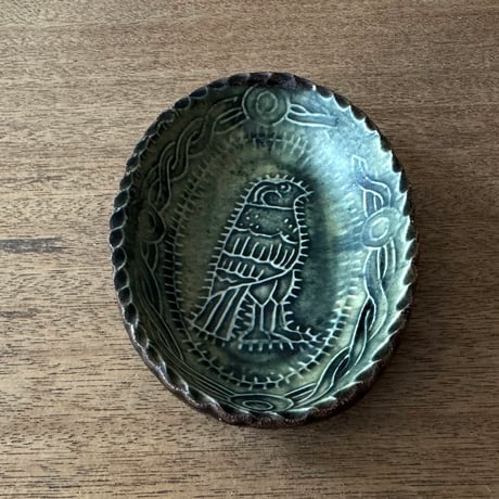 紀窯　中川紀夫　オーバル鉢 鳥押紋 K10D (約13.5×9cm)
