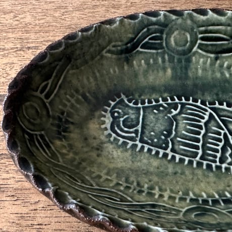 紀窯　中川紀夫　オーバル鉢 鳥押紋 K10D (約13.5×9cm)