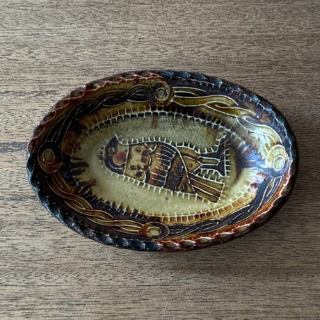 紀窯　中川紀夫　オーバル鉢 鳥押紋 K10C (約13.5×9cm)