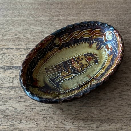 紀窯　中川紀夫　オーバル鉢 鳥押紋 K10C (約13.5×9cm)