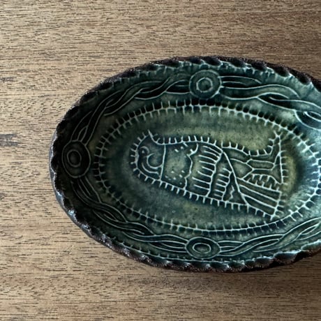 紀窯　中川紀夫　オーバル鉢 鳥押紋 K10E (約13.5×9cm)