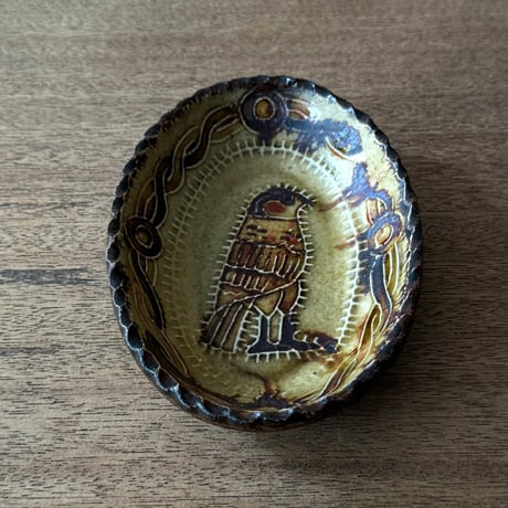 紀窯　中川紀夫　オーバル鉢 鳥押紋 K10A (約13.5×9cm)