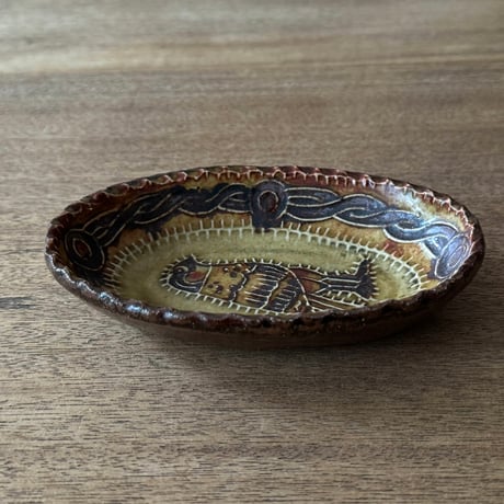 紀窯　中川紀夫　オーバル鉢 鳥押紋 K10B (約13.5×9cm)
