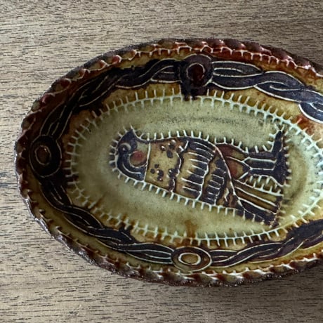 紀窯　中川紀夫　オーバル鉢 鳥押紋 K10B (約13.5×9cm)