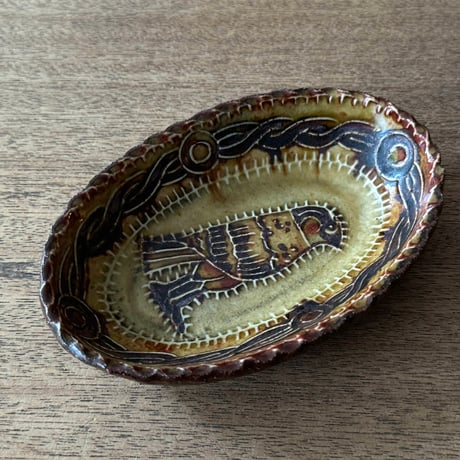 紀窯　中川紀夫　オーバル鉢 鳥押紋 K10B (約13.5×9cm)