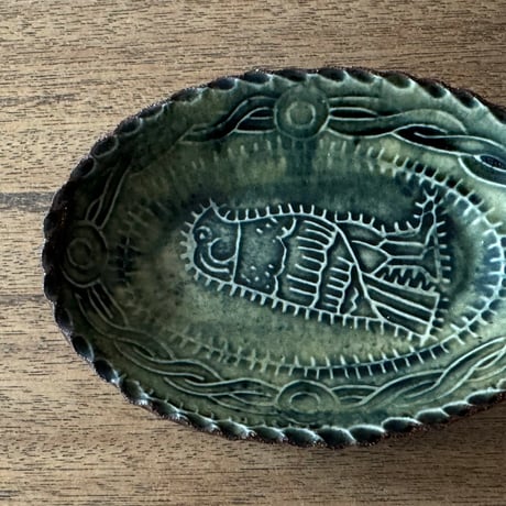 紀窯　中川紀夫　オーバル鉢 鳥押紋 K10D (約13.5×9cm)