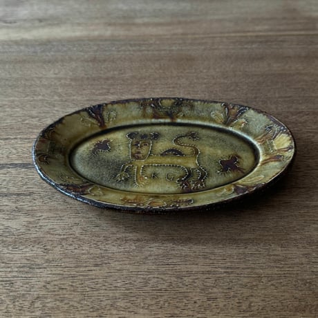紀窯　中川紀夫　オーバル皿 獅子押紋 K13A (約17×12cm)