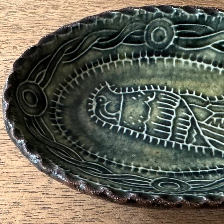 紀窯　中川紀夫　オーバル鉢 鳥押紋 K10E (約13.5×9cm)