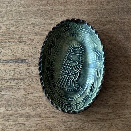 紀窯　中川紀夫　オーバル鉢 鳥押紋 K10D (約13.5×9cm)