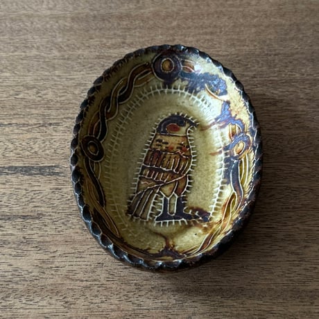 紀窯　中川紀夫　オーバル鉢 鳥押紋 K10A (約13.5×9cm)