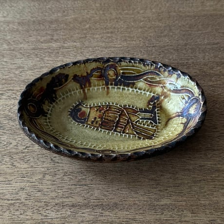 紀窯　中川紀夫　オーバル鉢 鳥押紋 K10A (約13.5×9cm)