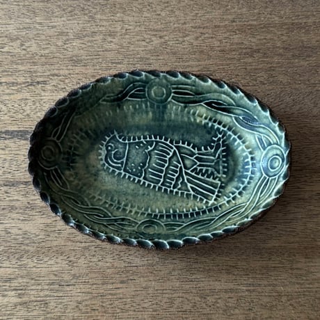紀窯　中川紀夫　オーバル鉢 鳥押紋 K10D (約13.5×9cm)