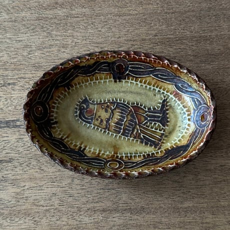 紀窯　中川紀夫　オーバル鉢 鳥押紋 K10B (約13.5×9cm)