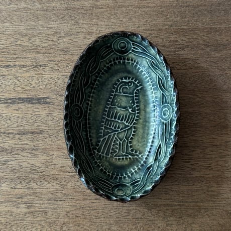 紀窯　中川紀夫　オーバル鉢 鳥押紋 K10E (約13.5×9cm)