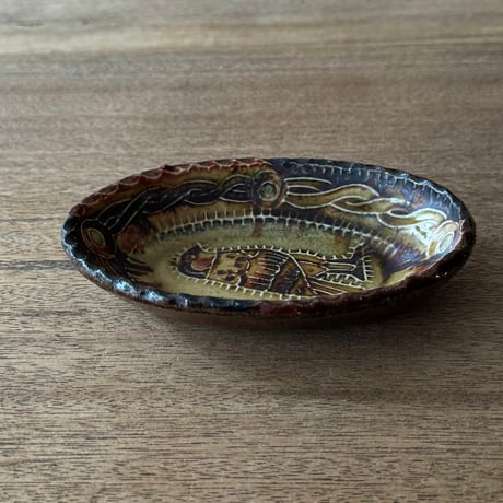 紀窯　中川紀夫　オーバル鉢 鳥押紋 K10C (約13.5×9cm)
